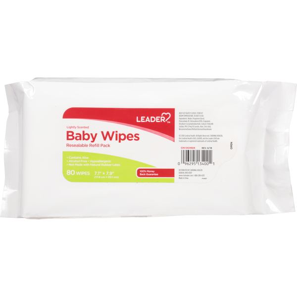 Image for Leader Baby Wipes, Lightly Scented, Resealable, Refill Pack, 80ea from FOX DRUG STORE - Selma
